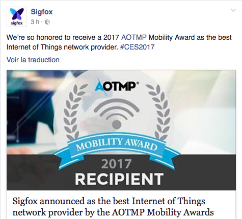 @SIGFOX: ¡el Mejor Proveedor de la red IoT en el AOTMP Mobilty Awards! #CES2017