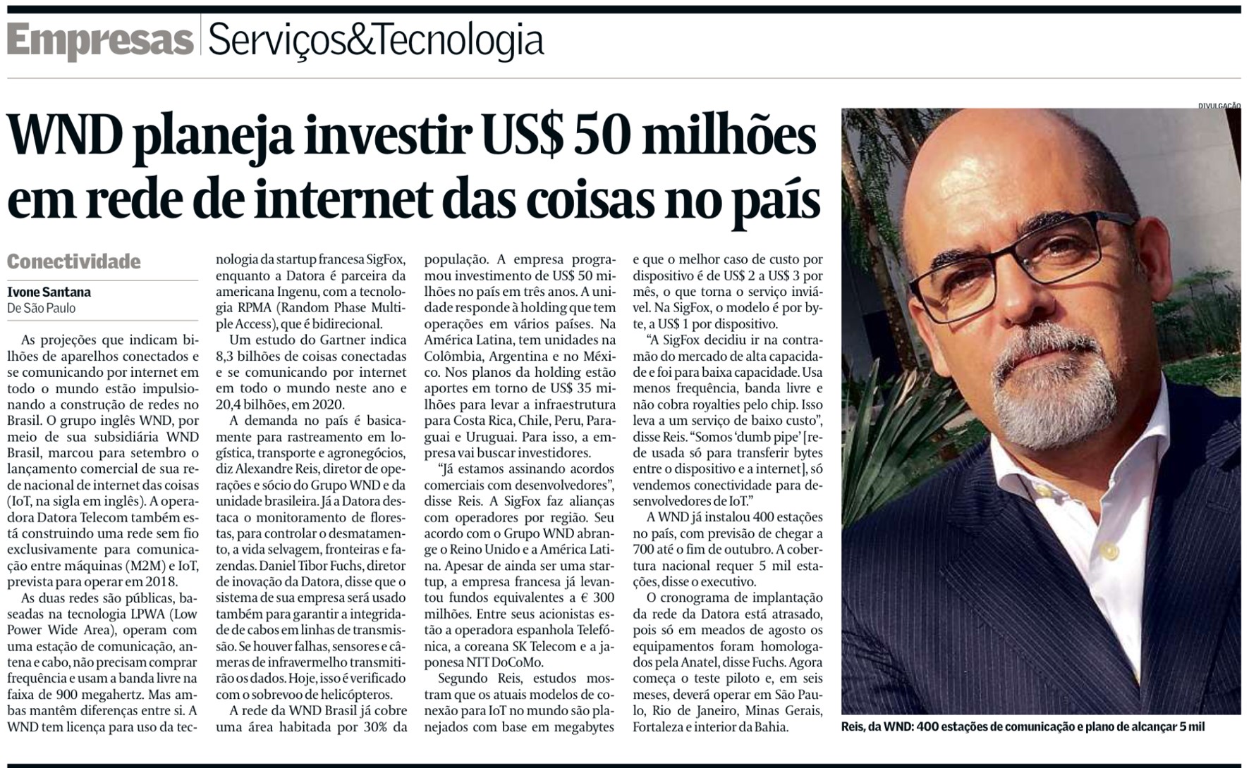 Valor Econômico destaca investimento de US$ 50 milhões da WND Brasil